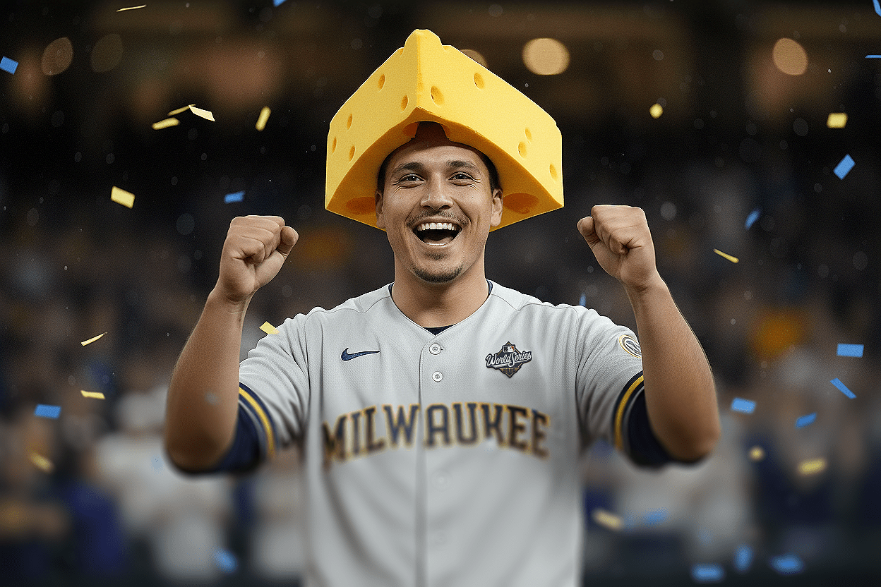 Person wearing a cheese-shaped hat and Milwaukee jersey, celebrating with confetti in the air.