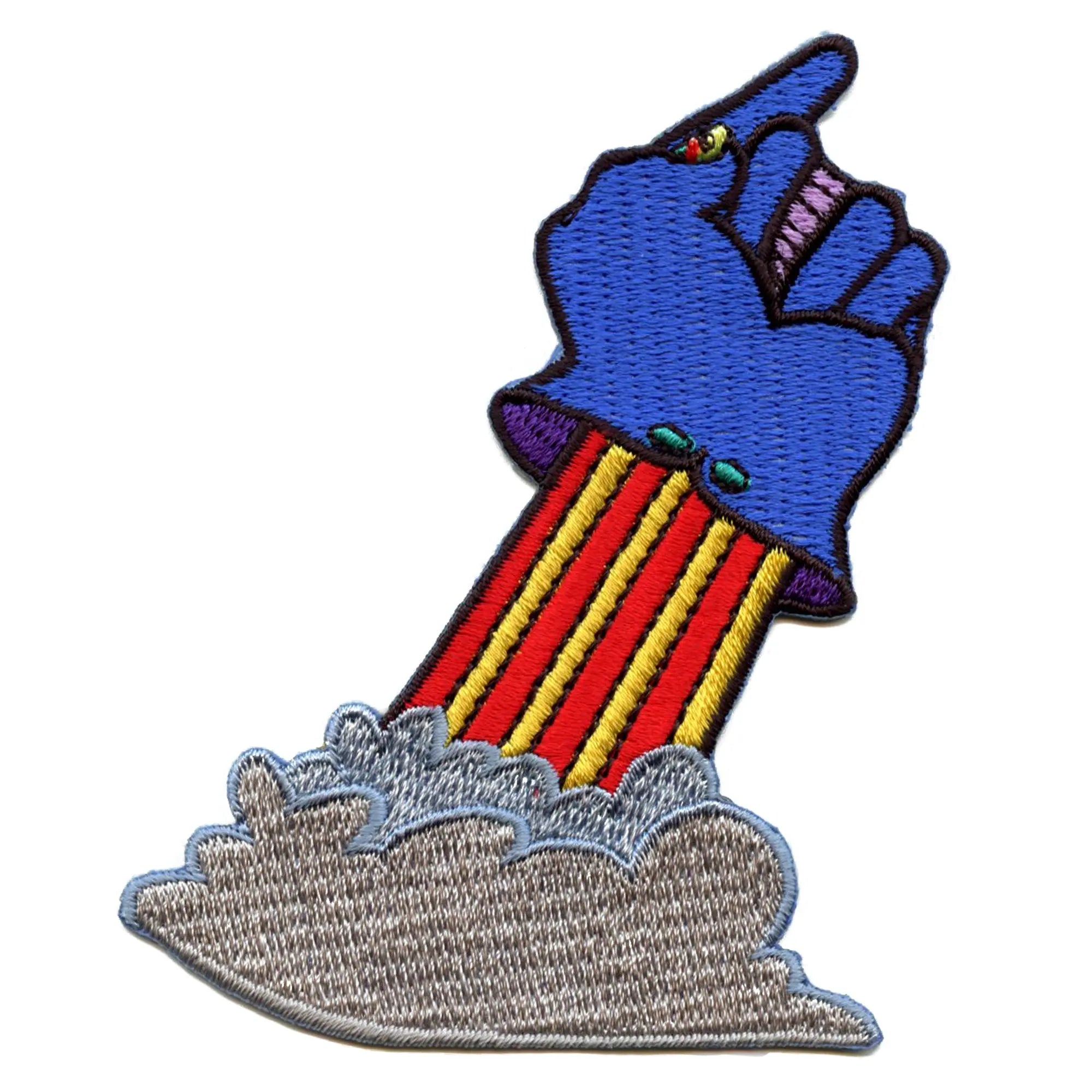 Patch brodé à repasser représentant un groupe de rock britannique des Beatles pointant une fusée