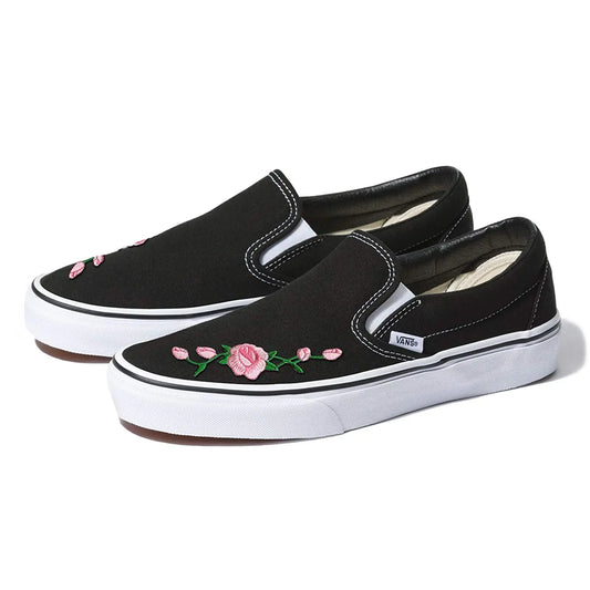 Vans Black Slip-On Pink Rose Custom Shoes 